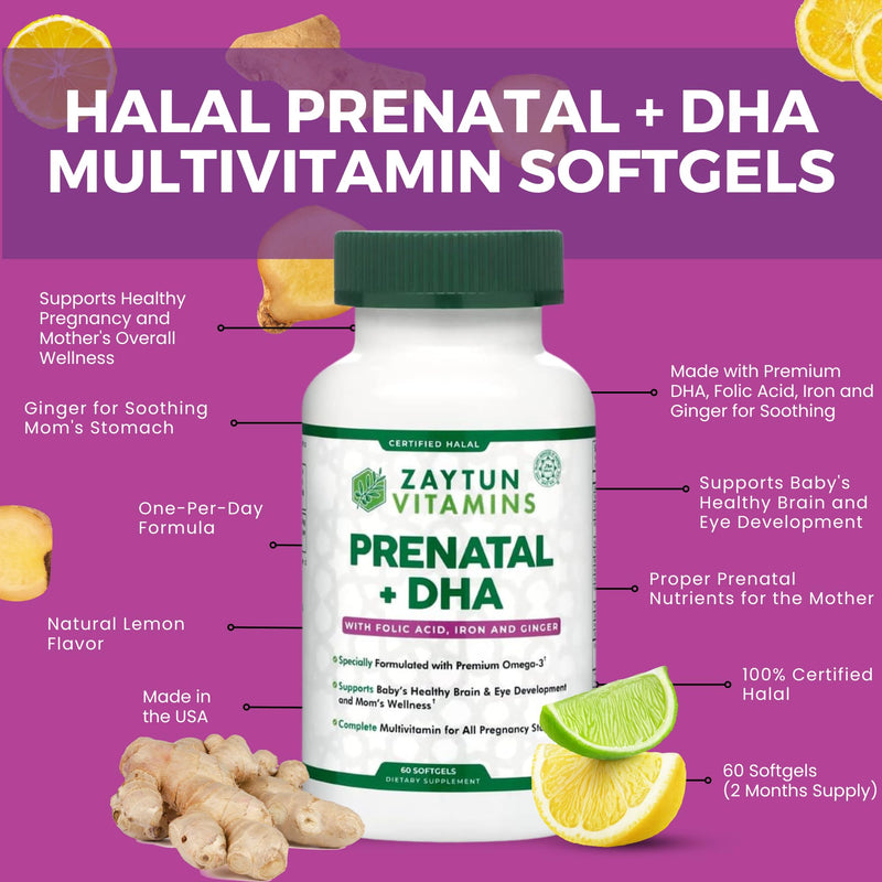 Zaytun Vitamins Halal Prenatal Vitamins + DHA, Folic Acid Iron, Ginger for Soothing, One Daily, for All Pregnancy Stages, Gluten Free, Non-GMO, 60 Softgels, 2 Months Supply, USA Made, Halal Vitamins 60 Count (Pack of 1)