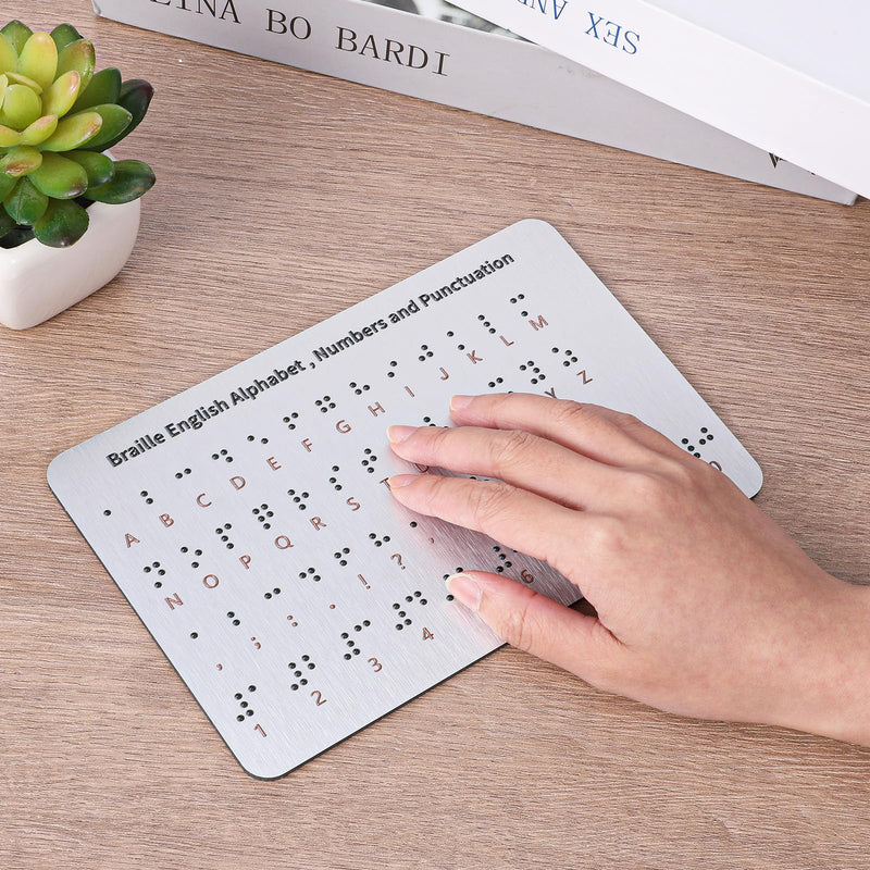 Braille Alphabet Board, Aluminum Letter Fingerboard Portable Teaching Aid Board Braille Gifts Alphabet Chart Visually Impaired Products for Beginners Blind Children Adults(Sliver)