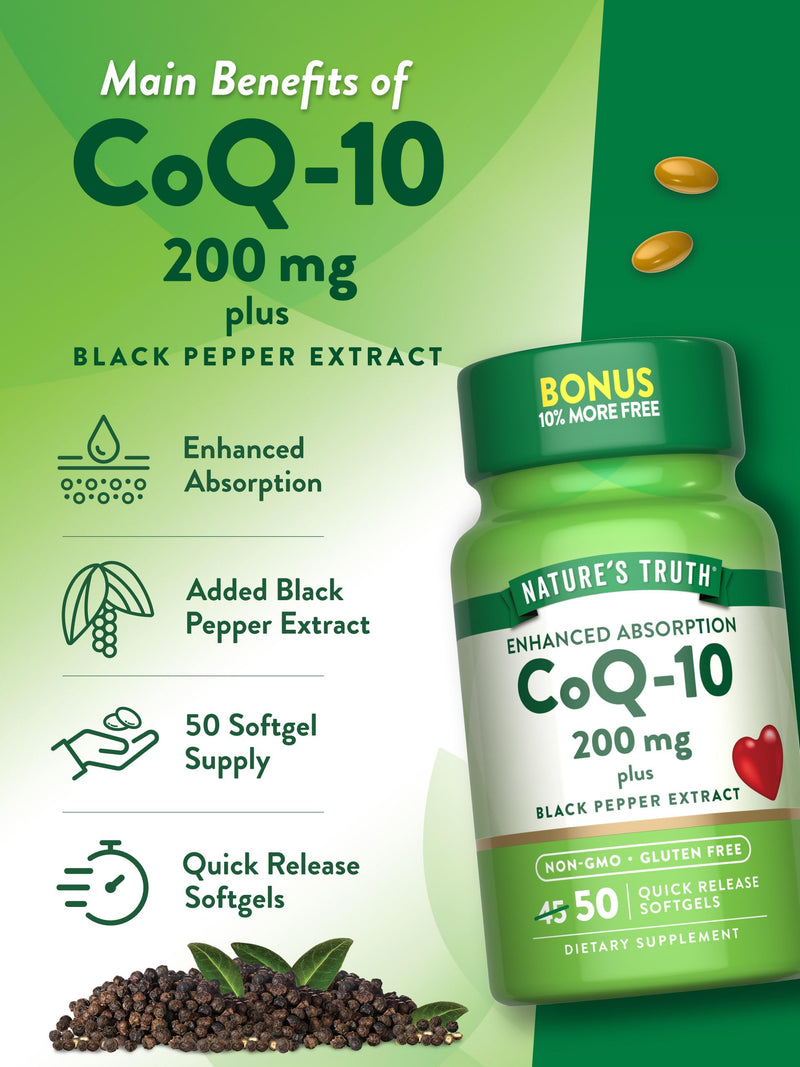 Nature's Truth CoQ10 200mg Softgels | 50 Count | Enhanced Absorption Supplement | Plus Black Pepper Extract | Non-GMO, Gluten Free 50 Count (Pack of 1)
