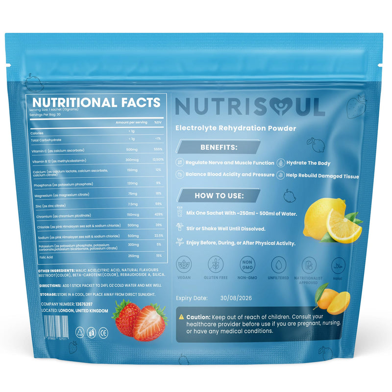 Rapid Rehydration Electrolyte Powder | 30 Sachets | Vitamins C, B1, B3, B5, B9, B12, Magnesium & Himalayn Salt | Zero Sugar | Revitalising Nutritional Electrolytes Hydration Drink Mix
