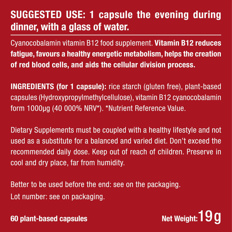 Vitamin B12 1000mcg High Strength - Cyanocobalamin Formula from Bacterial Fermentation - 60 Vegan Capsules - Gluten Free - Lactose Free - French Expertise - Nutrimea