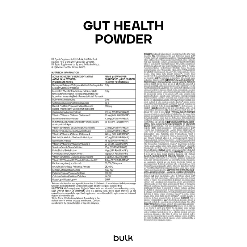Bulk Gut Health Powder, Orange Flavour, 450g, 30 Servings, Collagen, Fermented Whey Protein, Inulin, L-Glutamine, Digestive Enzymes, LactoSpore, Vitamins A, C, D & Biotin Supplement