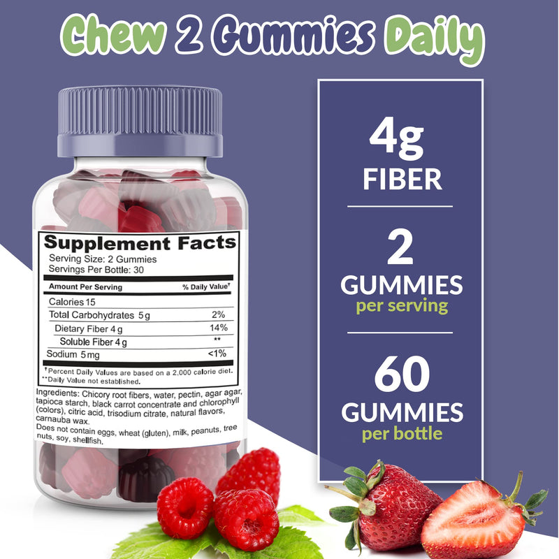 Mixed Berry Flavored Prebiotic Fiber Gummies - Supports Digestive System Through Gut Cleansing and Constipation Relief - Assists with Weight Loss Plan - Great Tasting and Easy to Swallow 60 Count (Pack of 1)