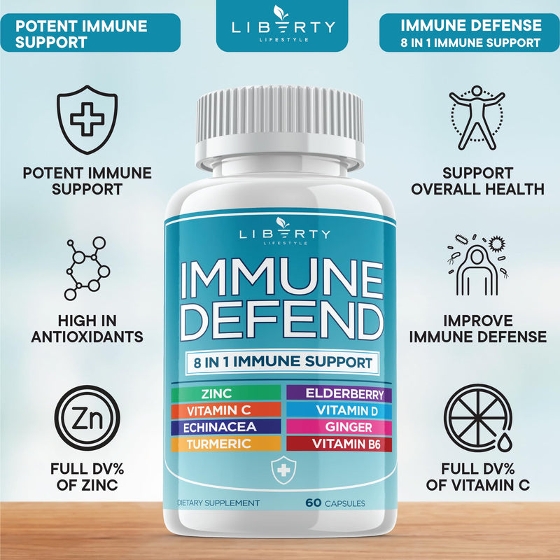 [Australia] - 8 in 1 Immune Defense Support, Immunity Capsules Supplement Booster with Echinacea Zinc 50mg, Vitamin C, D3 5000 IU, Turmeric Curcumin & Ginger, Echinacea - Allergy Relief for Kids Adults (1 Pack) 60 Count 