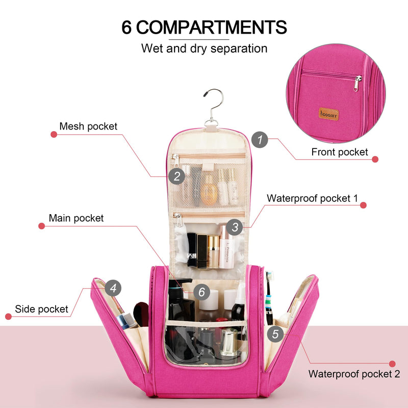 Hanging Travel Toiletry Bag for Women and Men, 6 Organizer Compartments, Large Toiletries essentials, Bathroom Cosmetic Accessories, Water-resistant Makeup Bag, Holds Full-Size Shampoo, Rose Red F - Rose Red
