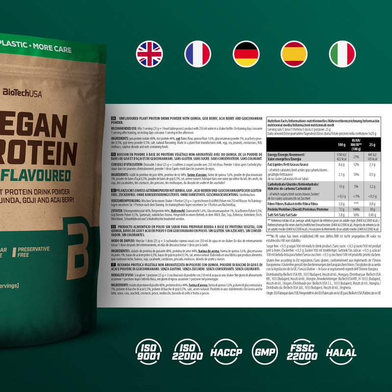 BioTechUSA Vegan Protein | Rice and Pea-Based Shake with Superfoods and Amino Acids | Sugar, Lactose, and Gluten-Free, 500 g, Unflavoured