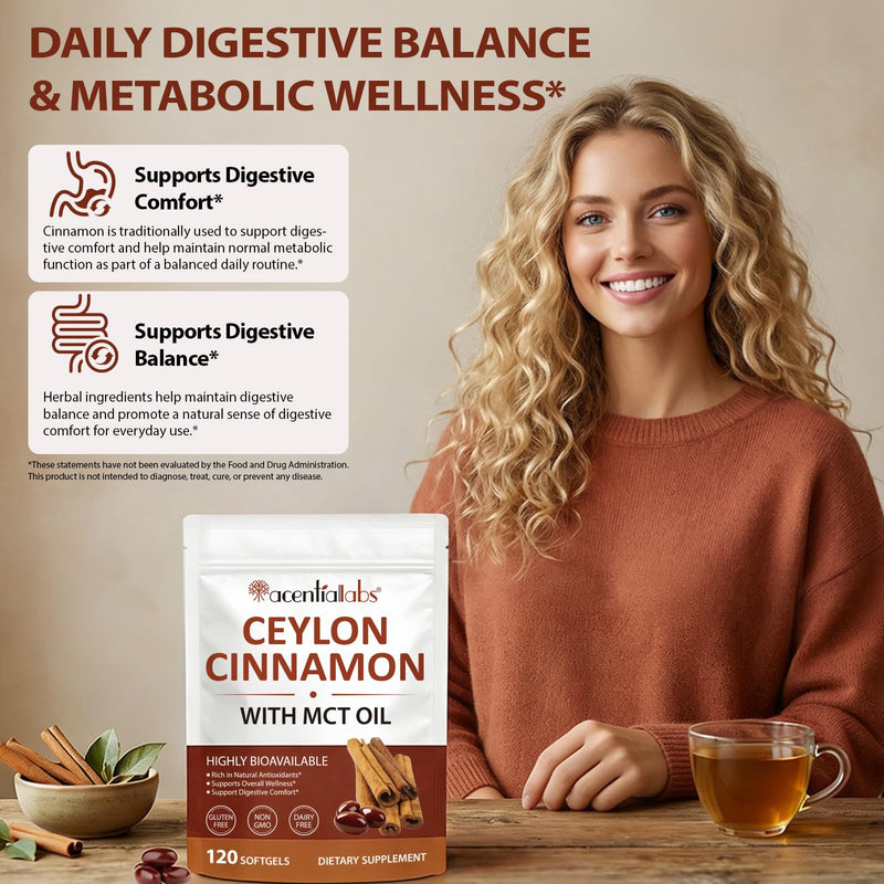 Ceylon Cinnamon Softgels with MCT Oil 600mg | True Cinnamomum Verum Bark Extract | Natural Antioxidant Support & Digestive Comfort | Easy Absorption | Non-GMO Gluten Free Soy Free | 120 Softgels