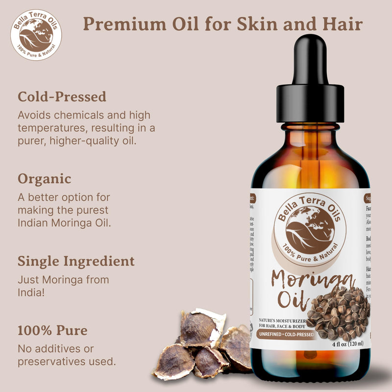 Bella Terra Oils - Natural Moringa Seed Oil 2oz - A Blend of Nature's Best, High in Oleic Acid & Vitamin E, For a Touch of Luxurious Smoothness 2 Fl Oz (Pack of 1)