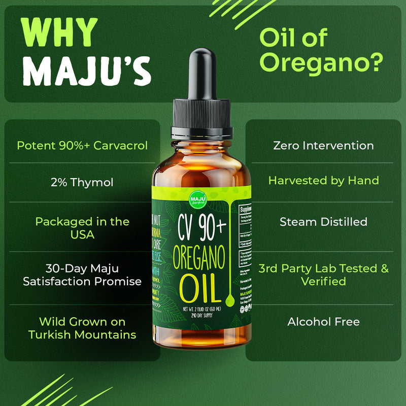 [Australia] - MAJU Oregano Oil Drops, Potent 90%+ Carvacrol (2 fl oz) Wild Mediterranean Essential Oil of Oregano Liquid, Aceite de Oregano, Immune and Seasonal Support, Compare to Organic 