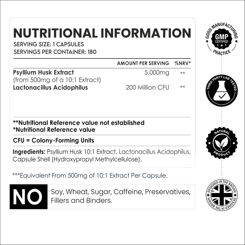 Amalth Psyllium Husk Capsules 5000mg Equivalent | Psyllium Husk Extract 10:1 with Probiotics | Fibre Supplement & Prebiotic Fibre | 180 Vegan Capsules | 6 Months Supply