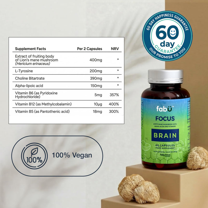 fabÜ Focus Brain Supplement with Lion's Mane Mushroom & Nutrients - Performance Support with Amino Acids, Choline & B Vitamins - Nootropic for Concentration (60 Capsules)