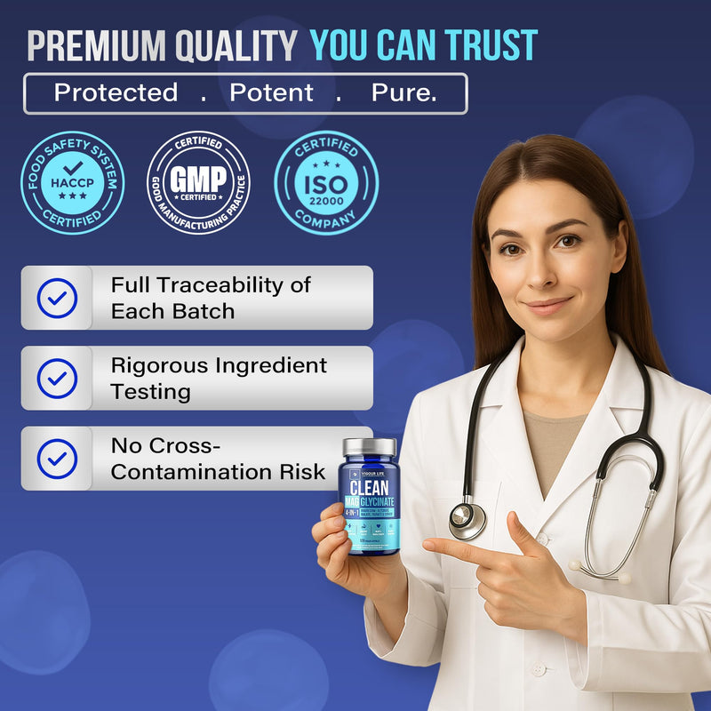 Clean Magnesium Glycinate Complex – 120 Vegan Capsules, Additive Free, No Binders or Cracking Agents. 1500mg. GMP Certified, High Absorption 4-in-1 Blend for Sleep, Muscle, Heart & Energy