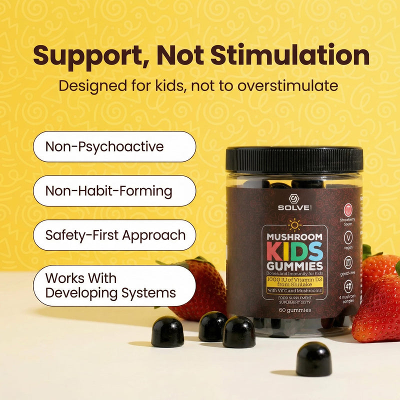 Mushroom Kids Gummies with Vitamin D2 & C | Sugar-Free, Vegan Daily Nutrition for Bones, Immunity & Focus | Lion’s Mane, Reishi, Chaga & Shiitake | Ages 3+ | 60 Gummies | Solve Labs