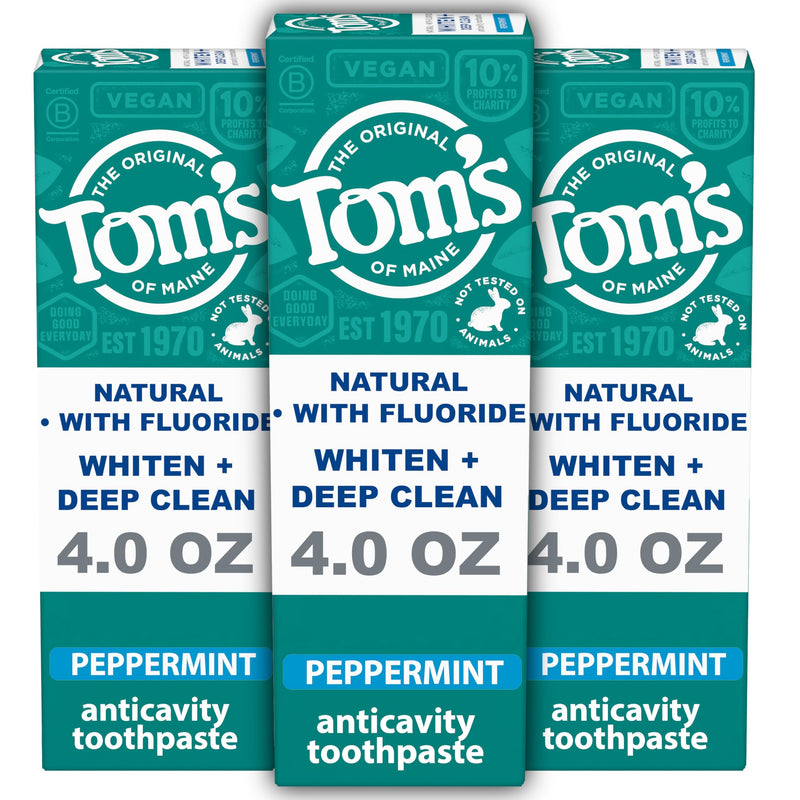 Tom's of Maine Whiten Plus Deep Clean Whitening Toothpaste, Natural Whitening Toothpaste with Plant-Based Cleansers, Enamel Safe, Whitens Without Causing Sensitivity, Peppermint, 4.0 oz (Pack of 3) Peppermint - Fluoride 4 Ounce (Pack of 3)