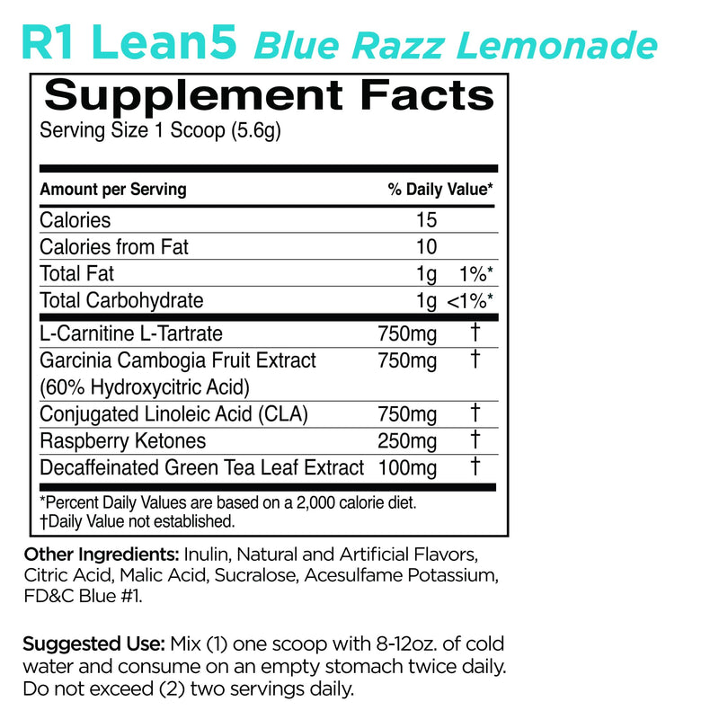 [Australia] - Rule 1 R1 Lean5, Blue Razz Lemonade - 11.9 oz - Stimulant-Free Formula with CLA, Garcinia Cambogia Extract & Carnitine - 60 Servings 