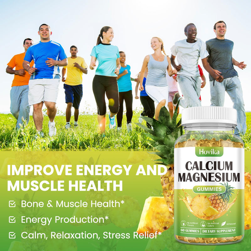 Calcium Magnesium Zinc Gummies, Calcium Magnesium 2:1 Ratio with Vitamin D3, K2, B6, B12 for Bone Strength, Muscle Function & Nerve Health, Extra Absorption Formula, Vegan, Pineapple Flavor 60 Gummies 60 Count (Pack of 1)