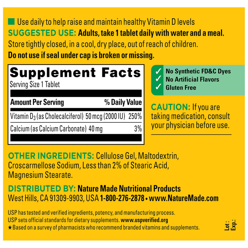 Nature Made Vitamin D3 2000 IU (50 mcg), Vitamin D Supplement for Bone, Teeth, Muscle and Immune Health Support, 400 Tablets, 400 Day Supply 400 Count (Pack of 1)