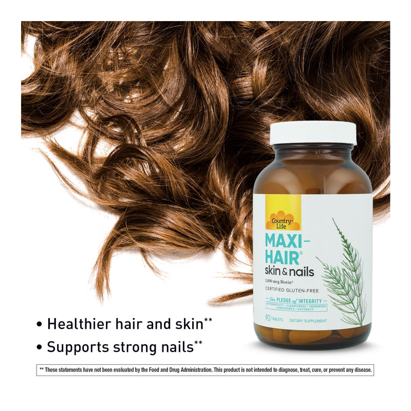 Country Life Maxi-Hair-Skin & Nails-2,000 mcg of Biotin, PABA Free, 90 Tablet