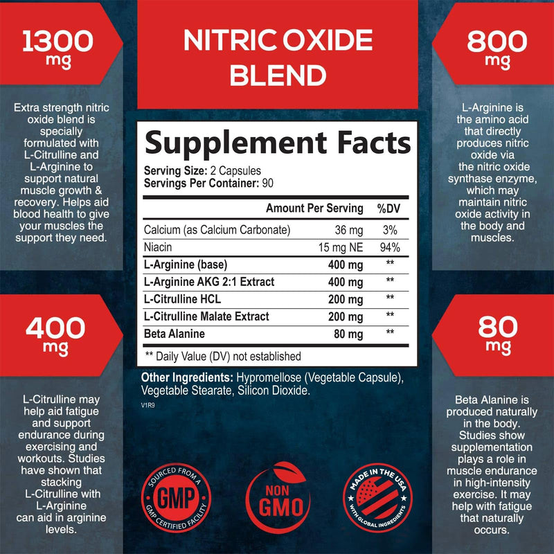 [Australia] - Extra Strength Nitric Oxide Supplement L Arginine 3X Strength - Citrulline Malate, AAKG, Beta Alanine - Premium Muscle Supporting Nitric Booster for Strength & Energy to Train Harder - 180 Capsules 180 Count (Pack of 1) 