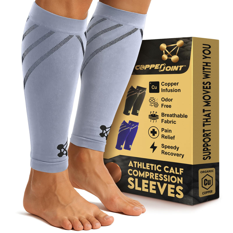 CopperJoint Running Calf Compression Sleeve Women – Easy-On Footless Calf Compression Sleeves for Men, Support Mens Leg Sleeves for Runners, Basketball, Sports, Copper Infused Nylon - Grey, Large