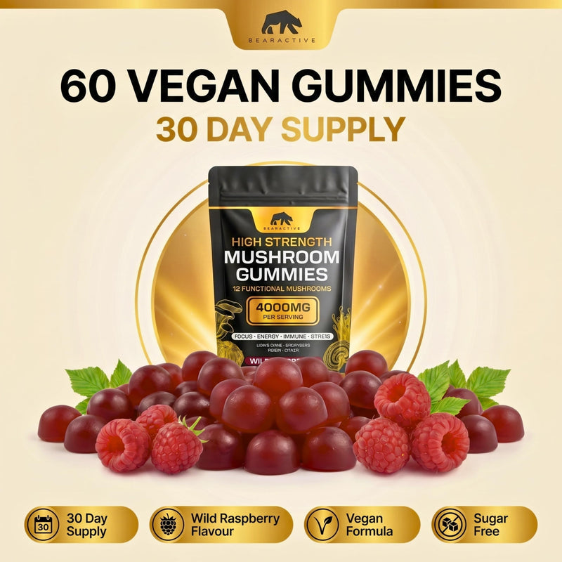 Mushroom Gummies 4000mg – 12 Functional Mushroom Complex with Lions Mane, Cordyceps, Reishi, Chaga, Maitake & Shiitake – Wild Raspberry Flavour – Vegan Food Supplement – 60 Gummies