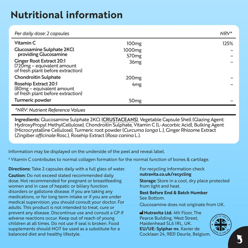 Nutravita Glucosamine and Chondroitin - 90 Capsules - Glucosamine and Chondroitin High Strength - 6-in-1 Complex with Added Vitamin C, Turmeric, Ginger & Rosehip - Food Supplements Made in The UK