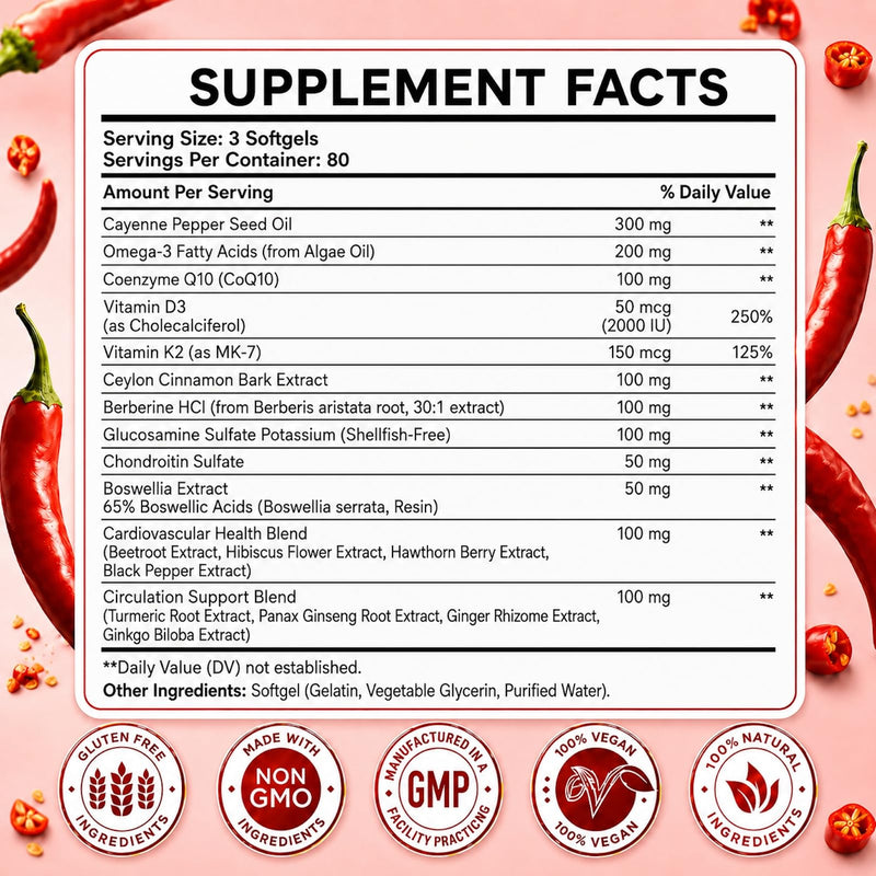 Cayenne Pepper Capsules, Supports Healthy Circulation and Daily Energy | Cayenne Pepper Softgels Supplement with Beetroot, Hawthorn, Turmeric & Vitamins D3 K2 E, 240 Softgels
