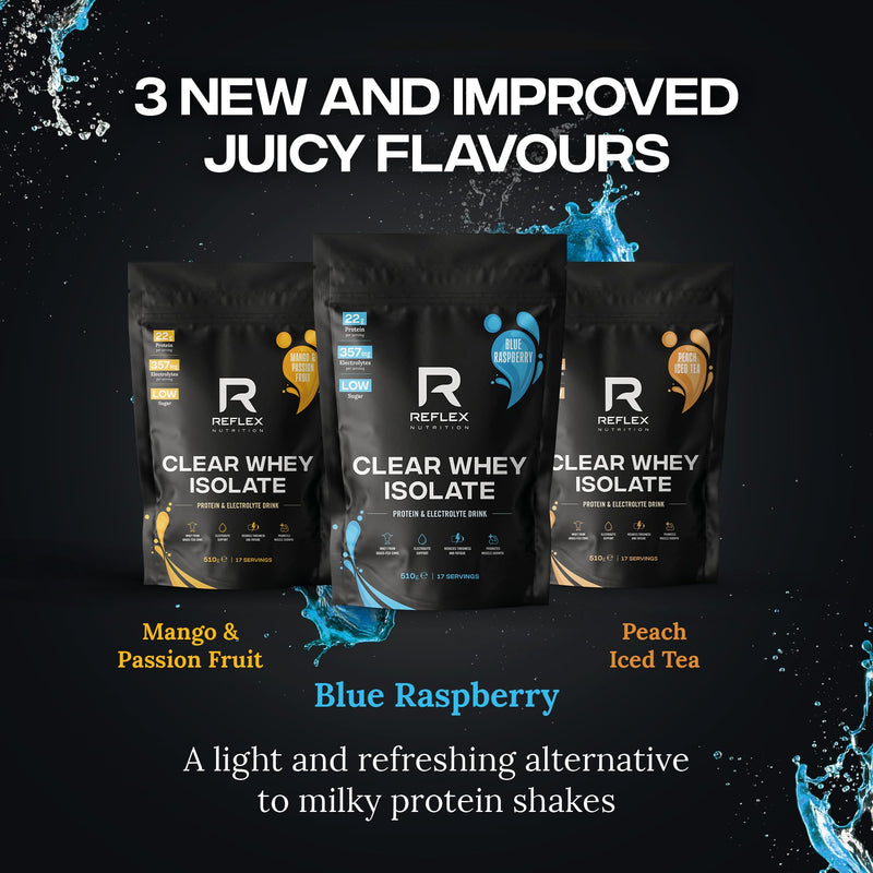 Reflex Nutrition Clear Whey Isolate Protein Powder - High Protein (22g), Low Fat, Low Sugar - Muscle Growth & Hydration - Juicy, Light and Refreshing - No Frothing (Blue Raspberry, 510g, 17 Servings)