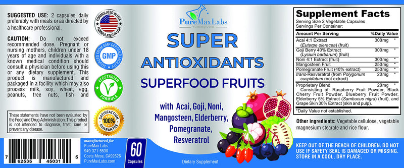 [Australia] - Super Antioxidant Fruit Superfood Complex - Powerful Antioxidant Superfruits, Acai, Goji, Noni, Mangosteen, Pomegranate, Elderberry, Resveratrol, Immune Support, Skin Care - 60 Capsules 