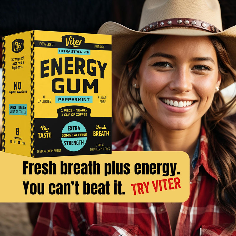 Viter Energy 60mg Caffeine Gum (Peppermint Flavor, 30 Pieces, 3 Pack) - Sugar Free, Vitamin B3, B6, B9, B12, Zero Calories, Caffeinated Energy Chews, Nootropic Focus Supplement for Men & Women Peppermint 30 Count (Pack of 3)