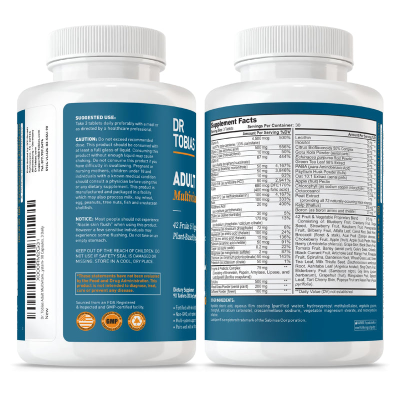 Dr. Tobias Adult Multivitamin for Women & Men 90 Count | Daily Energy & Immune Support | Vitamin Supplement with 42 Fruits & Vegetables + Probiotic + Enzymes | Vegan | 30 Servings 90 Count (Pack of 1)