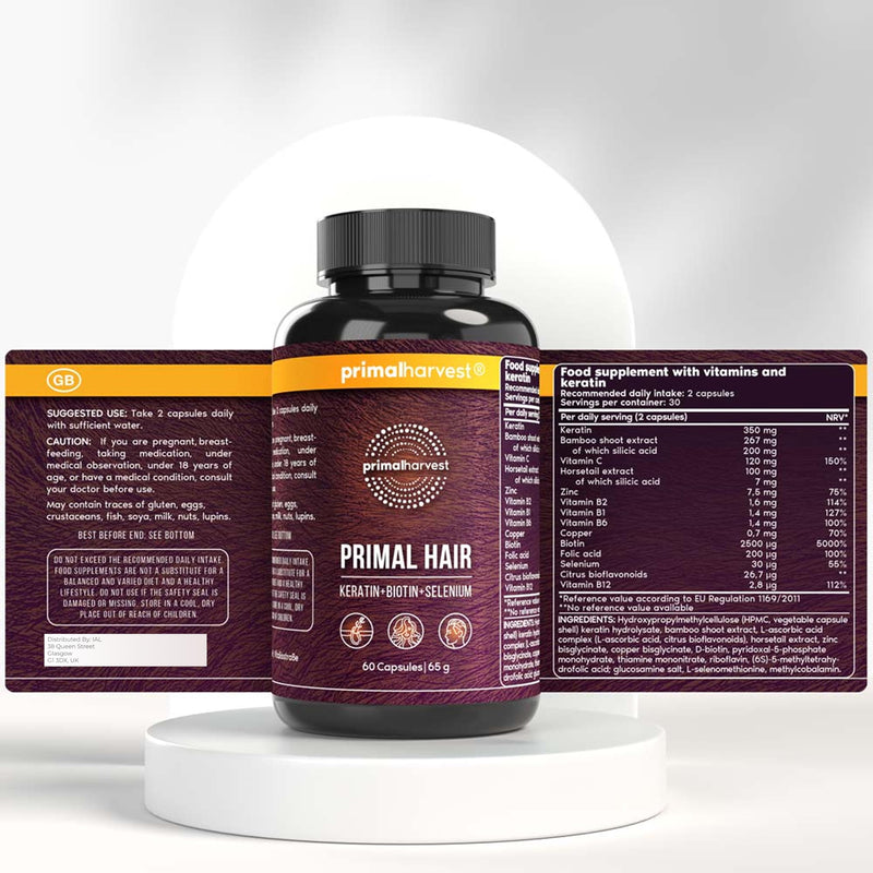 Primal Harvest Hair Growth - Hair Vitality Supplement with Selenium, Zinc & Biotin, for Men & Women, Multivitamin,1 Pack: 30 Servings Unflavoured 60 count (Pack of 1)
