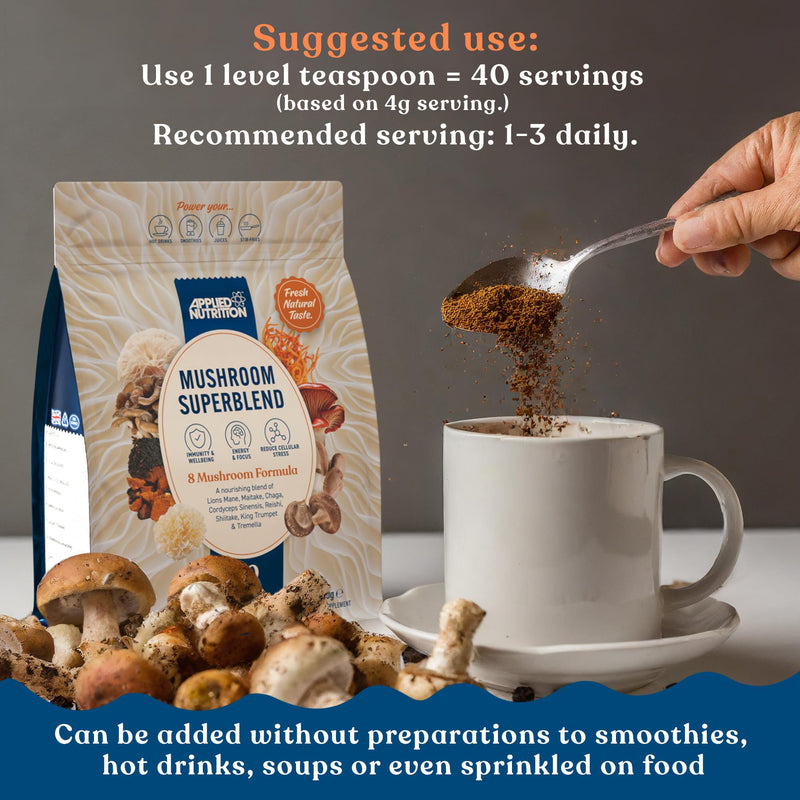 Applied Nutrition Mushroom Superblend - Lions Mane, Reishi, Chaga, Shiitake, Maitake, Tremella, Cordyceps Sinensis, King Trumpet | Vegan & Gluten Free (160g – 40 Servings) Unflavoured 160 g (Pack of 1)