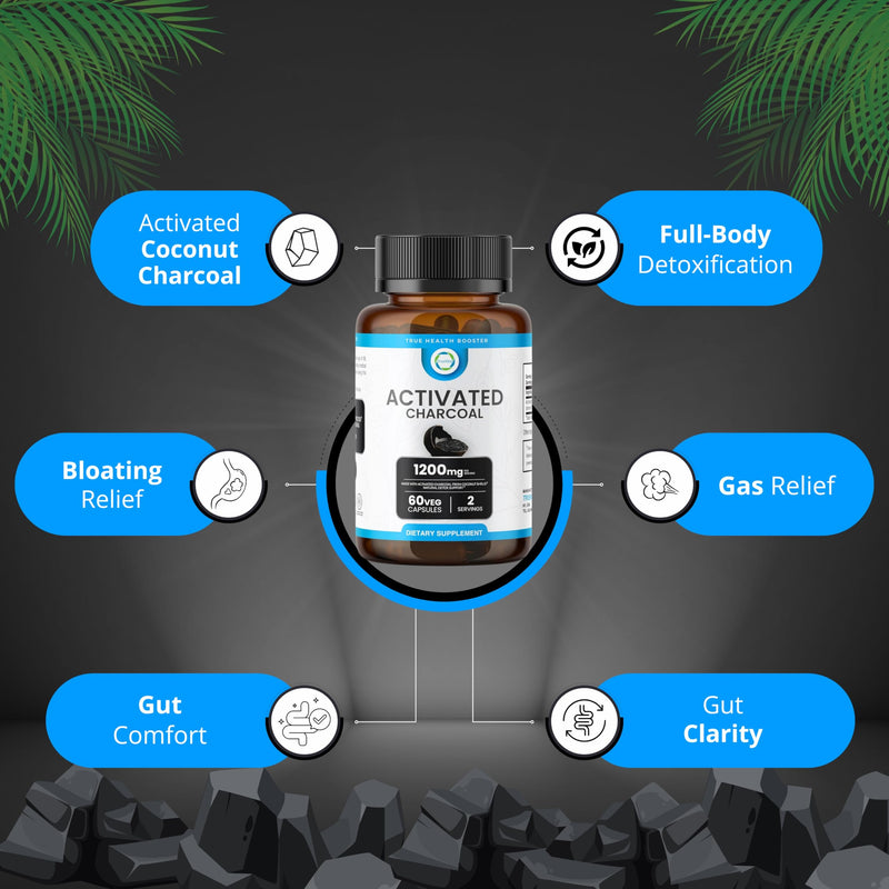 [Australia] - Activated Charcoal Capsules 1200 MG, 60 Veg Caps, 30-Days Premium Detox & Digestive Support, Gas & Bloating Relief, Organic Coconut Shell Charcoal, Gut Health, USA Made. 