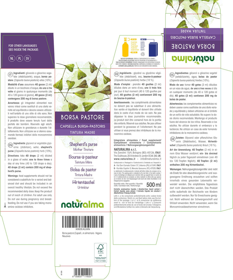 Shepherd's Purse (Capsella Bursa-pastoris) herb Alcohol-Free Mother Tincture Naturalma - Liquid Extract Drops 500 ml - Food Supplement - Vegan 500 ml (Pack of 1)
