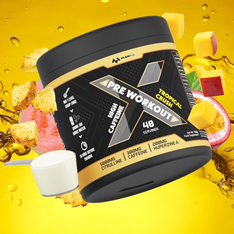 Premium, Complete High Caffeine Pre Workout Powder Drink with L-Citrulline & S7® | Tropical Crush Flavour | Makes 40 Drinks (400g) | Magna X 40 Servings (Pack of 1)