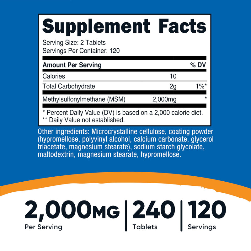 Nutricost MSM Tablets Methylsulfonylmethane 2000mg Per Serving, 240 Tablets | 120 Servings, GMO-Free and Gluten Free