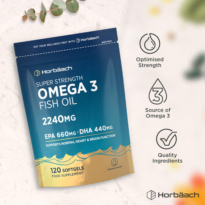 Omega 3 Capsules High Strength 2240mg with 660mg of EPA and 440mg of DHA | 120 Softgels | Natural Source of Omega 3 Fish Oil | By Horbaach