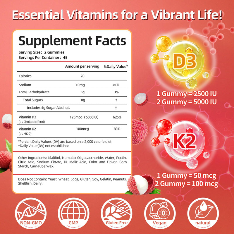 Vitamin D3 K2 Gummies, 5000 IU D3 + 100mcg K2, 90 Count | D3 K2 Supplement with MK-7, Sugar Free Vegan Gummies, Supports Bone Health for Adults, Lychee Flavor 90 Count (Pack of 1)