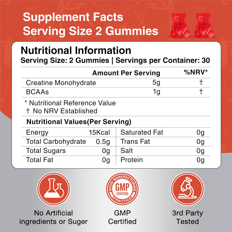 Creatine Gummies 5000mg Creatine Monohydrate with 1000mg BCAAs (1 Month Supply) for Men & Women, Vegan & Sugar-Free, Easy Pre/Post Workout Gym Support for Performance and Muscle Power, 60 Count