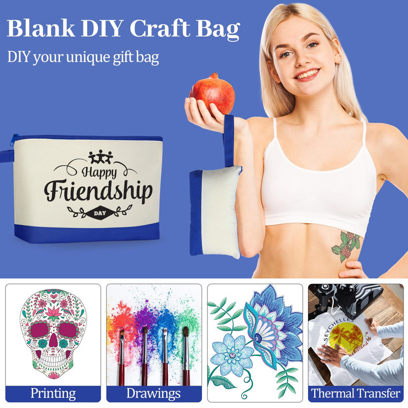 Silkfly 48 Pcs Cotton Canvas Makeup Bags Cosmetic Zipper Bags 10.2 x 5.5 x 2'' Blank DIY Pouch Bulk Pencil Case with Bottom Travel Toiletry Pouch for Women Craft Decor Gift (Beige and Blue) Beige and Blue