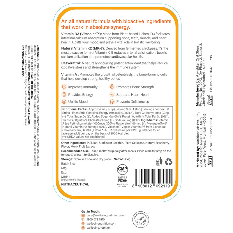 Wellbeing Nutrition Melts Natural Vitamin D3 + K2 Supplement for Immunity, Heart, Muscle, Bone, Cellular Protection | Vitashine, Resveterol & MenaquinGold | 30 Oral Strips 30 count (Pack of 1)
