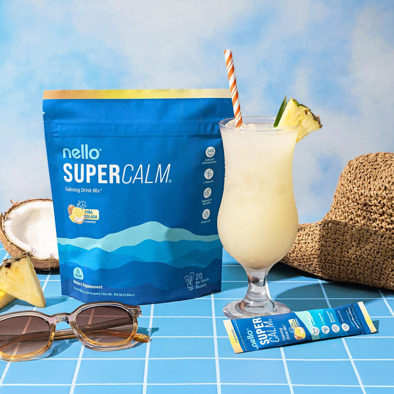 Nello Supercalm Powdered Drink Mix, Cortisol Reducer* and Sleep Aid Supplement, L Theanine, Ksm-66 Ashwagandha, Magnesium Glycinate, Vitamin D 3, No Sugar, Non GMO, On The Go, 20 Ct, Pina Colada 20 Servings (Pack of 1)