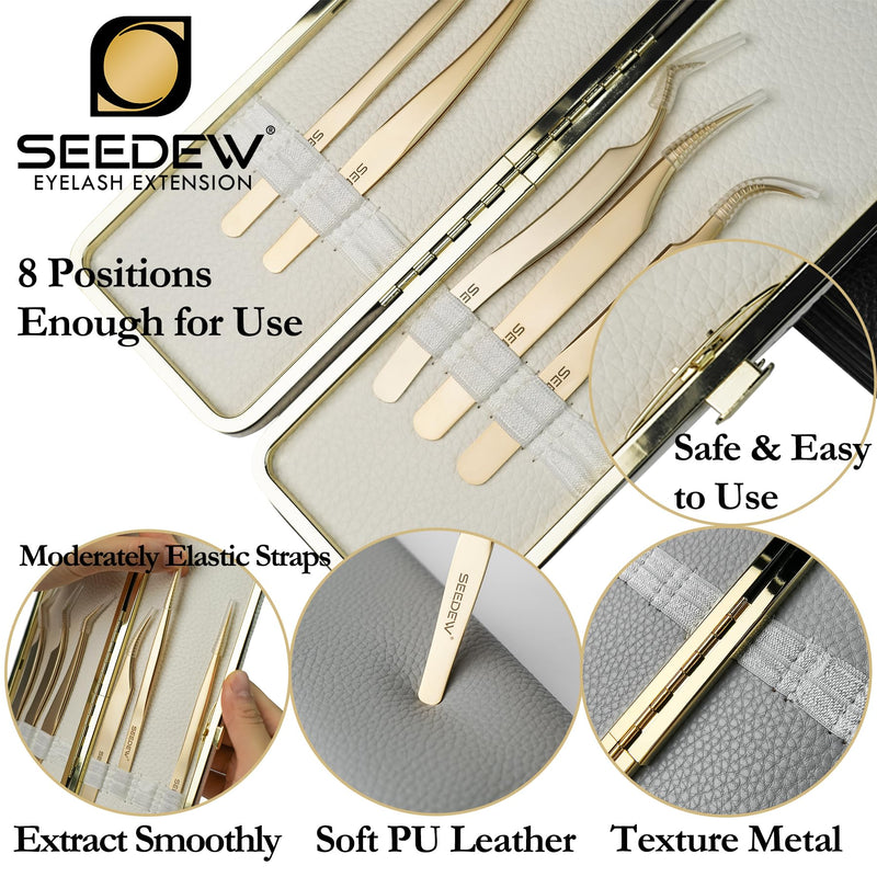 Tweezers Box Set, 5 PCS Isolation Pointy Precision Professional Stainless Tweezers with a PU Storage Case, Organizer Kit for Eyelash Extension, Beginner Lash Tech, Crafts Repair(White, Golden) Tweezers Bag Set-2 White+gold
