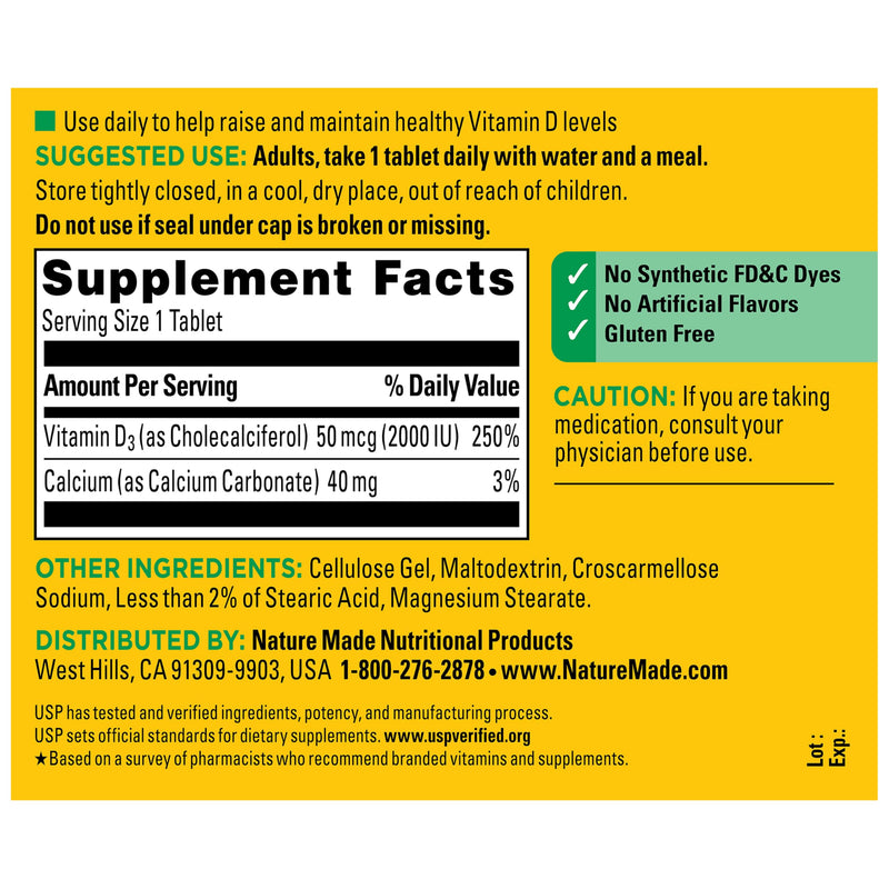 Nature Made Vitamin D3 2000 IU (50 mcg), 220 Vitamin D Tablets | Vitamin D Supplement for Immune, Bone, Teeth and Muscle Health Support, 220 Day Supply