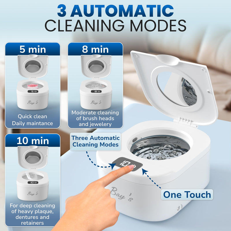 [Australia] - BAYS Ultrasonic Retainer Cleaner 45kHz Cleaning Machine for Dentures, Mouth Guards, Night Guards, and All Dental Appliances – 230ml Capacity – Ideal for Jewelry and Denture Digital Timer (black) white 