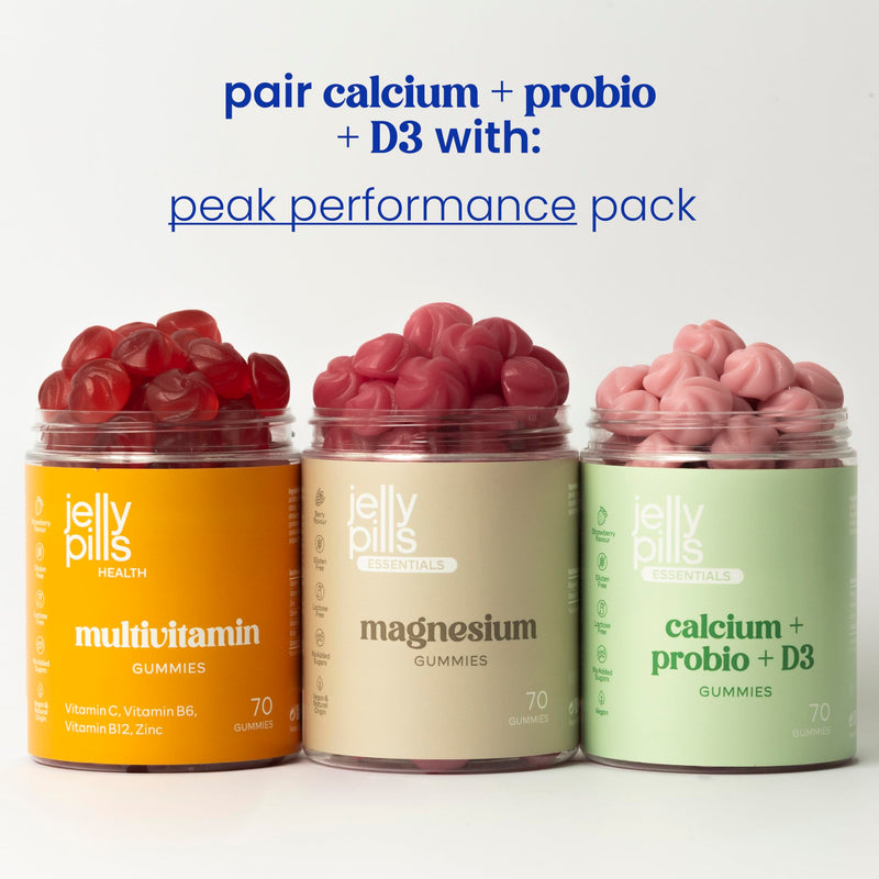 Jelly Pills Calcium 240 mg Gummies with Vitamin D3, K2 and Probiotics - 70 Vegan Gummies - No Added Sugar - Strawberry Flavour - Bones, Teeth & Digestion