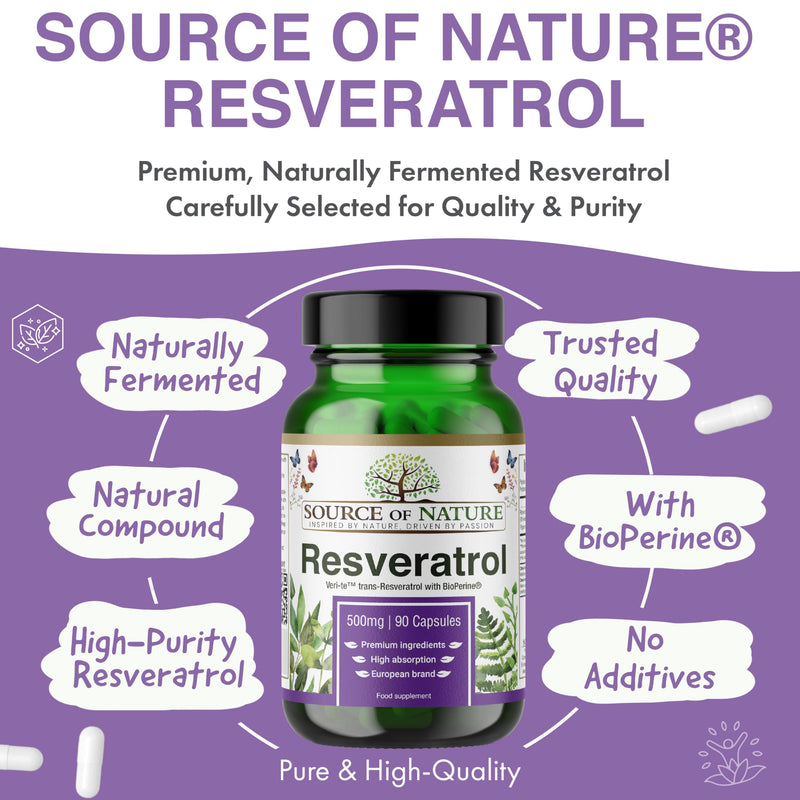 Trans-Resveratrol 500 mg | 90 Vegan Capsules | High Strength | 98% Purity | Naturally Fermented | with Piperine | Lab Tested | Premium Quality 90 count (Pack of 1)
