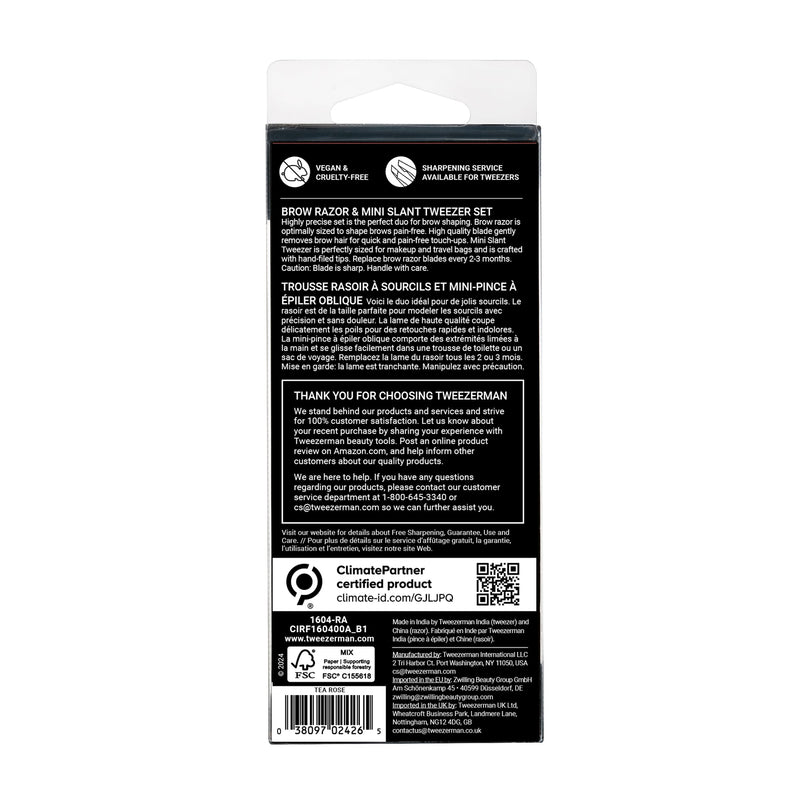 Tweezerman Exclusive Eyebrow Razor & Tea Rose Mini Slant Tweezer Stainless Steel & Tea Rose