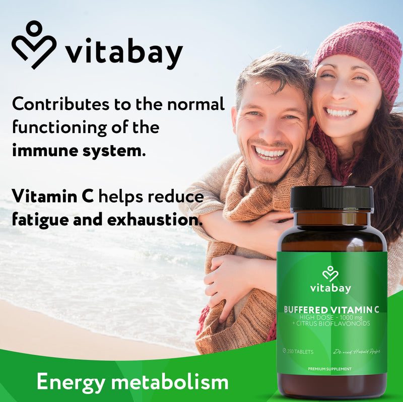 Vitabay Vitamin C 1000mg – 250 Vegan Time Release Tablets – Buffered Vitamin C with 50mg Citrus Flavonoids – from Plant Fermentation with Acacia Fibers – Laboratory Tested in Germany 365 g (Pack of 1)